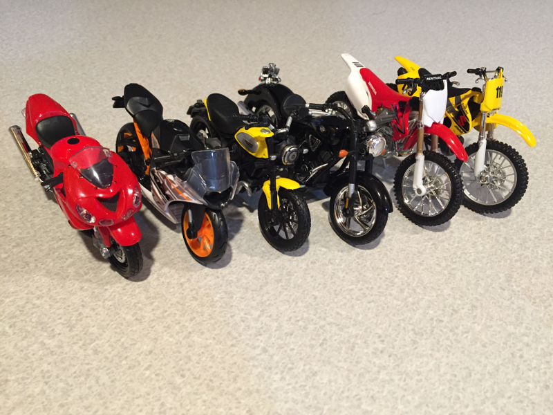 I’m going to Vermont to visit a friend soon, and plan on giving him the CRF450R as he has the 1:1 (and I already gave him a Triumph 675 Daytona like his 1:1), and I might keep the RM250 as it is a color variation, but the Kingpin 8-Ball and ZX-14 Ninja are up for grabs if anyone else is interested.